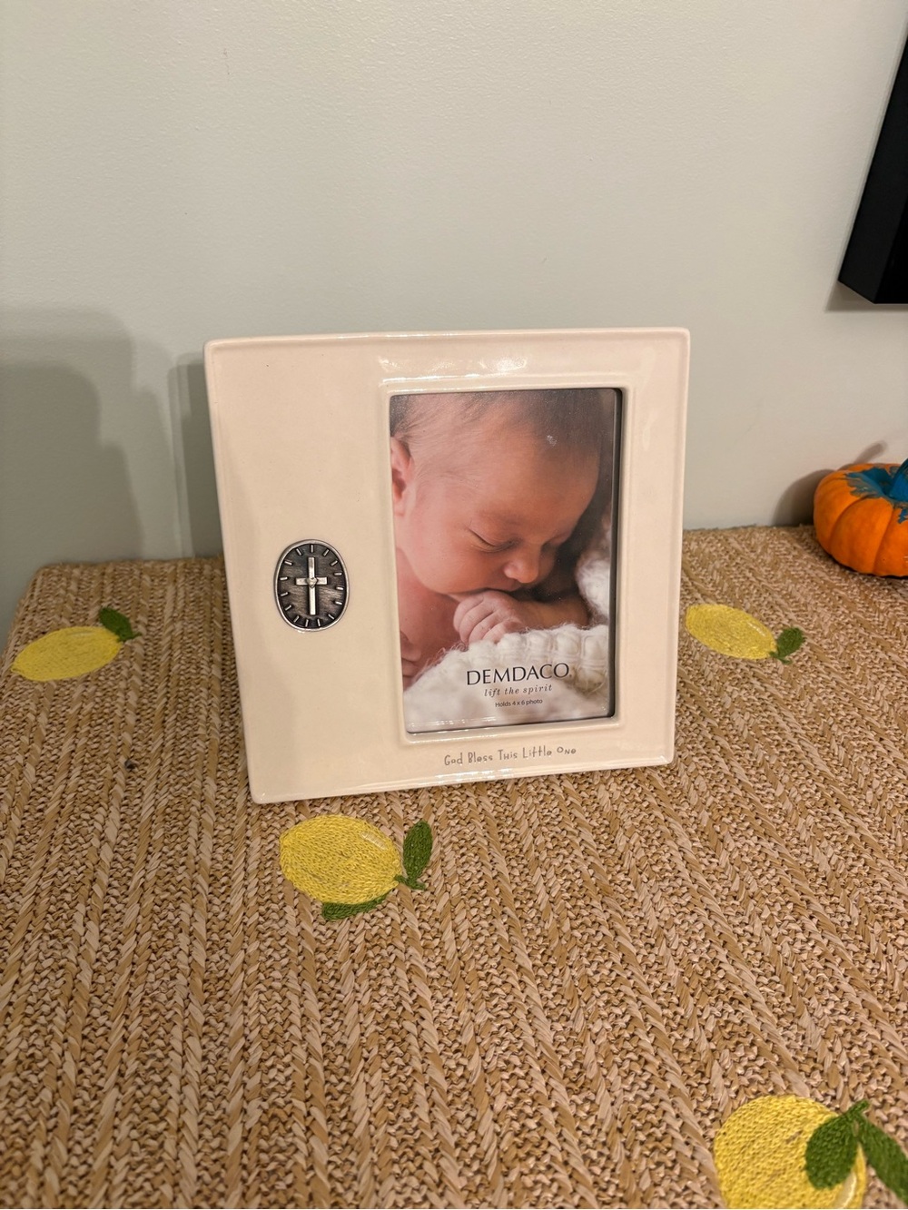 Demdaco Cream Ceramic Cross Baptism Picture Frame 4x6 Religious Keepsake Gift